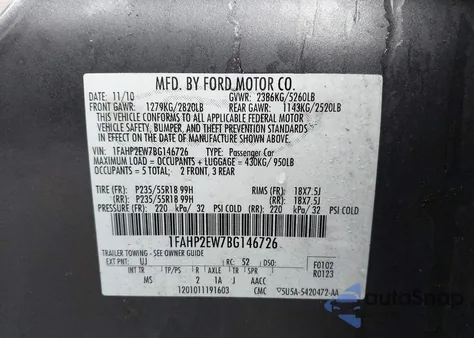 2011 Ford Taurus Sel из США, поврежденный, VIN 1FAHP2EW7BG146726